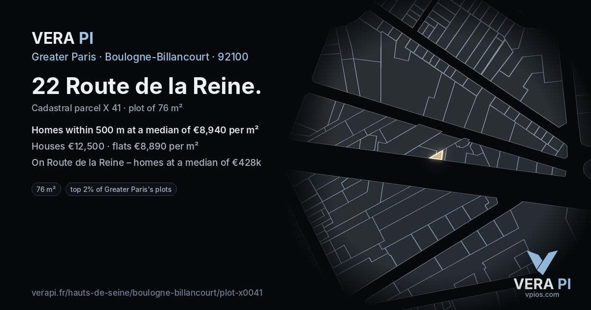 22 Route de la Reine, Boulogne-Billancourt at night – the plot lit, the parcels around coloured by the prices near them