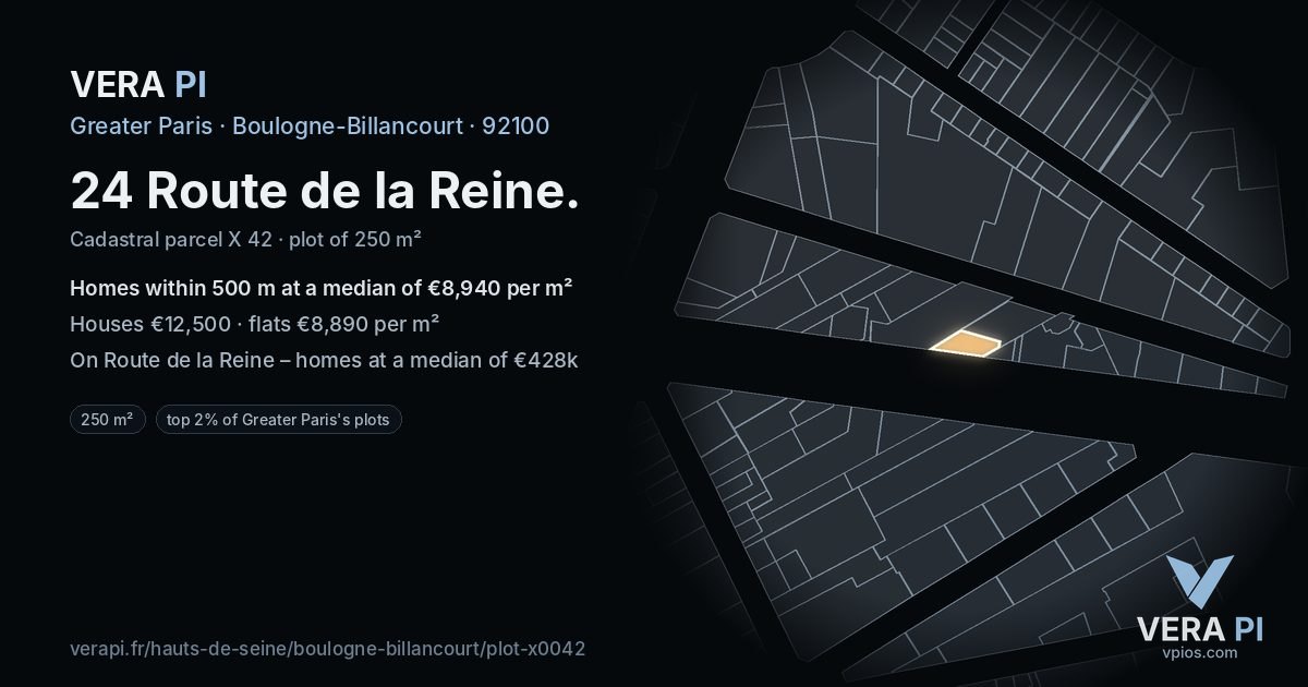 24 Route de la Reine, Boulogne-Billancourt at night – the plot lit, the parcels around coloured by the prices near them