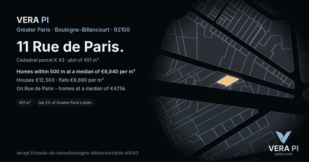 11 Rue de Paris, Boulogne-Billancourt at night – the plot lit, the parcels around coloured by the prices near them