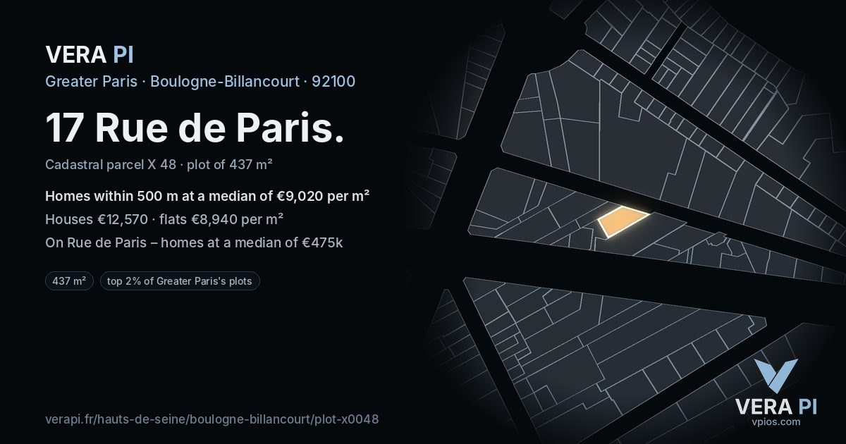 17 Rue de Paris, Boulogne-Billancourt at night – the plot lit, the parcels around coloured by the prices near them