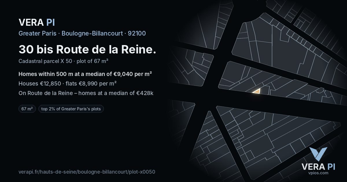 30 bis Route de la Reine, Boulogne-Billancourt at night – the plot lit, the parcels around coloured by the prices near them