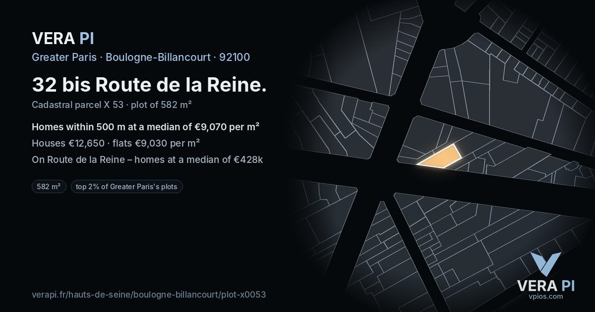 32 bis Route de la Reine, Boulogne-Billancourt at night – the plot lit, the parcels around coloured by the prices near them