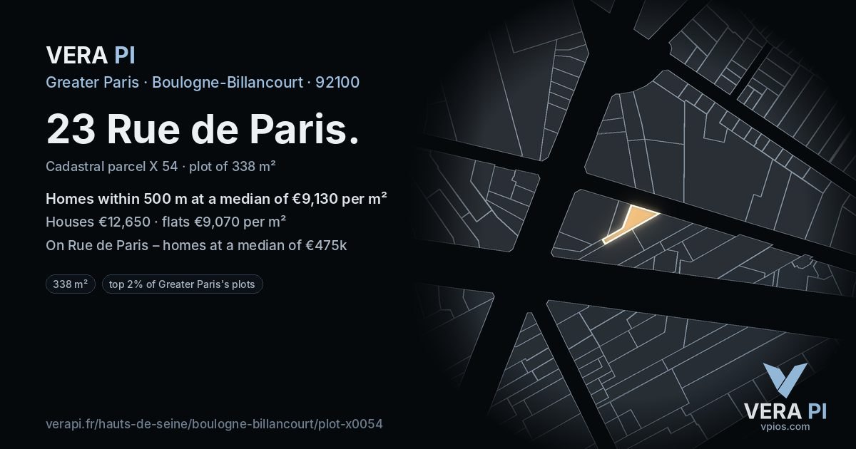23 Rue de Paris, Boulogne-Billancourt at night – the plot lit, the parcels around coloured by the prices near them