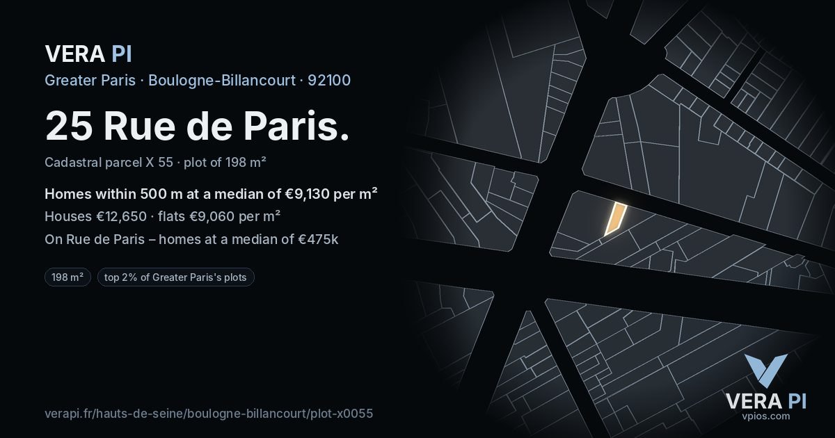 25 Rue de Paris, Boulogne-Billancourt at night – the plot lit, the parcels around coloured by the prices near them