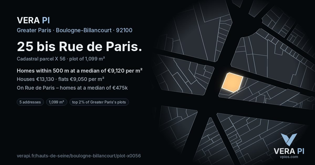 25 bis Rue de Paris, Boulogne-Billancourt at night – the plot lit, the parcels around coloured by the prices near them