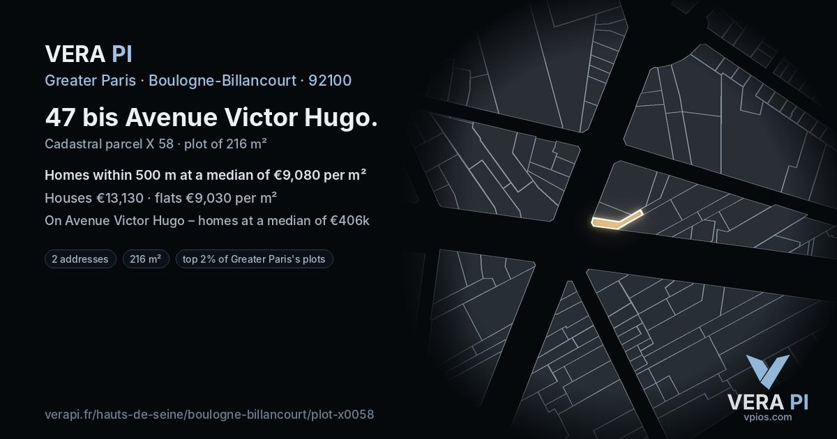 47 bis Avenue Victor Hugo, Boulogne-Billancourt at night – the plot lit, the parcels around coloured by the prices near them