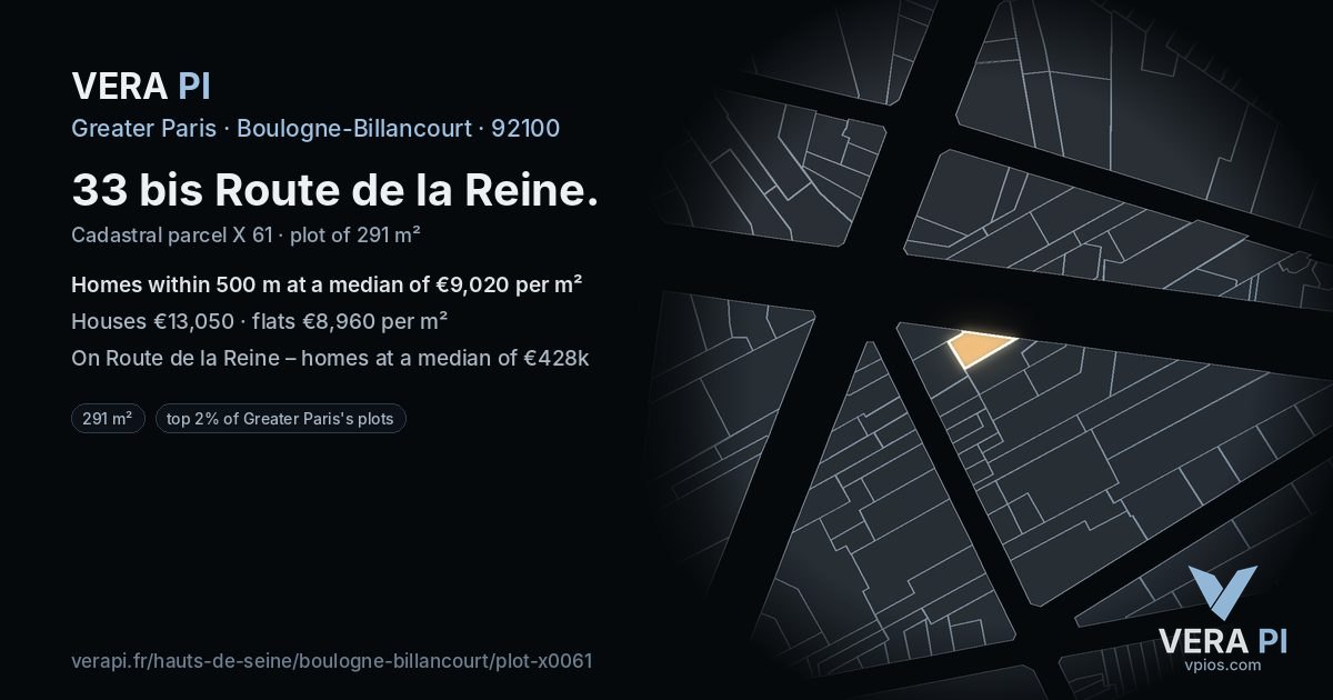 33 bis Route de la Reine, Boulogne-Billancourt at night – the plot lit, the parcels around coloured by the prices near them
