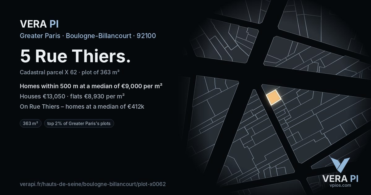 5 Rue Thiers, Boulogne-Billancourt at night – the plot lit, the parcels around coloured by the prices near them