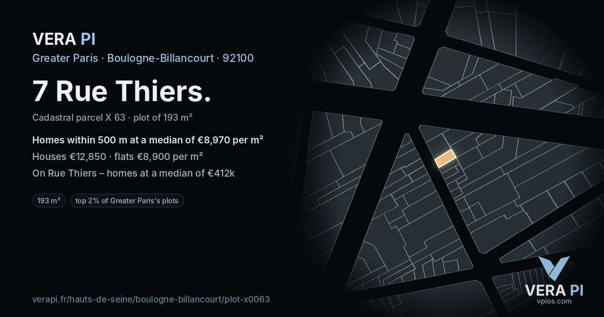 7 Rue Thiers, Boulogne-Billancourt at night – the plot lit, the parcels around coloured by the prices near them
