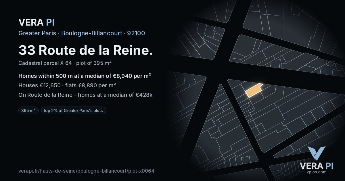 33 Route de la Reine, Boulogne-Billancourt at night – the plot lit, the parcels around coloured by the prices near them