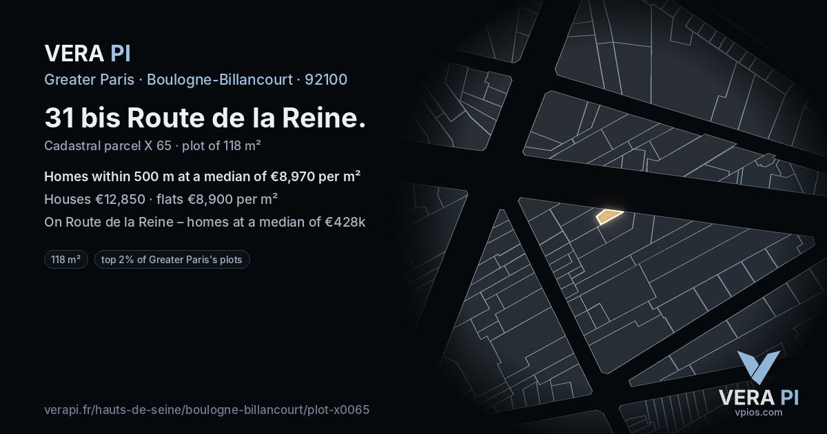 31 bis Route de la Reine, Boulogne-Billancourt at night – the plot lit, the parcels around coloured by the prices near them