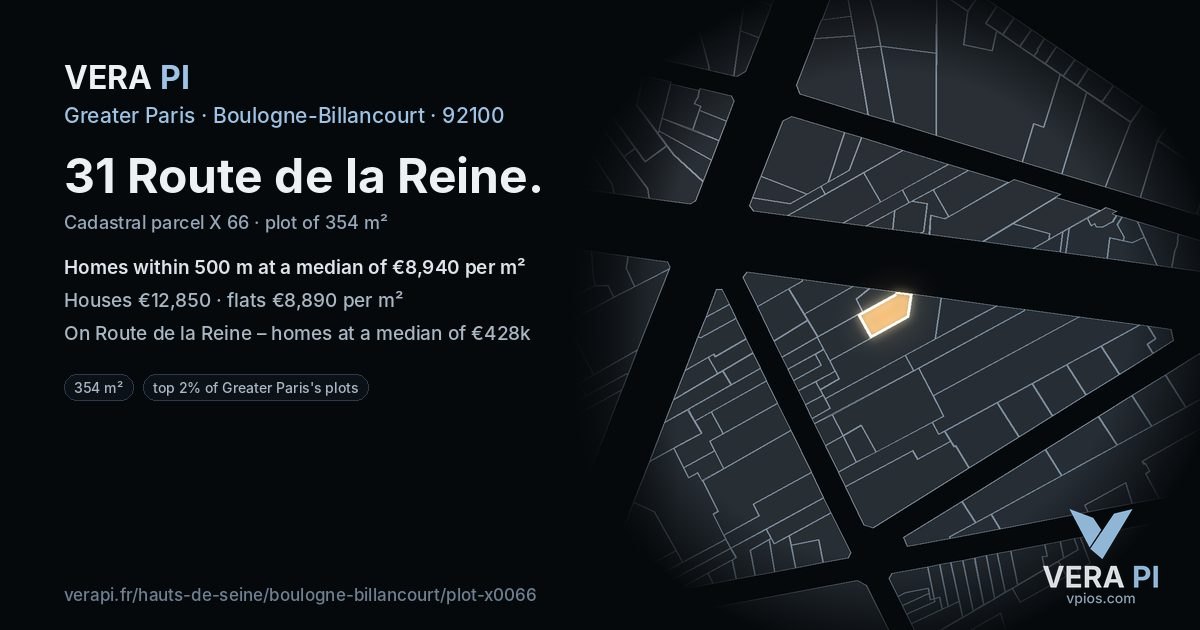31 Route de la Reine, Boulogne-Billancourt at night – the plot lit, the parcels around coloured by the prices near them