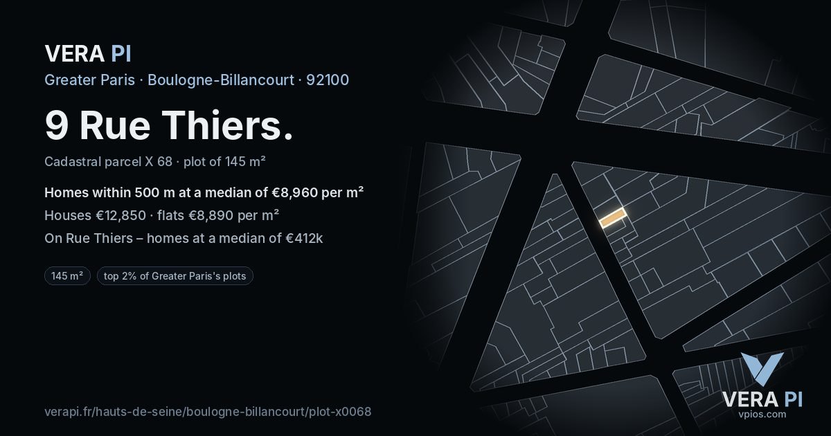 9 Rue Thiers, Boulogne-Billancourt at night – the plot lit, the parcels around coloured by the prices near them
