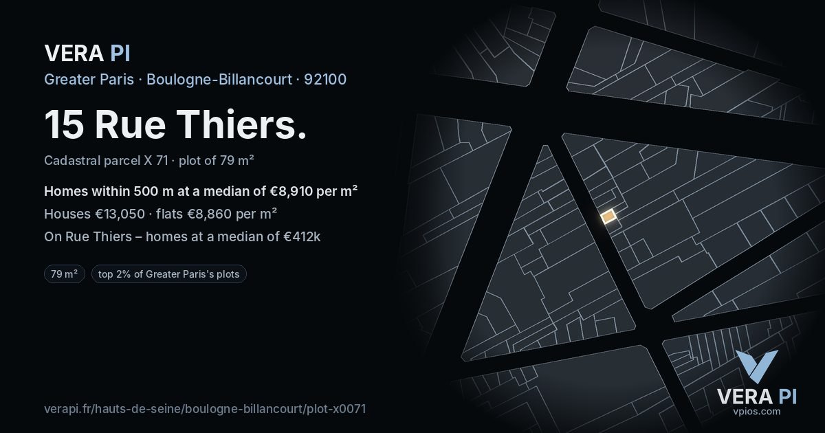 15 Rue Thiers, Boulogne-Billancourt at night – the plot lit, the parcels around coloured by the prices near them