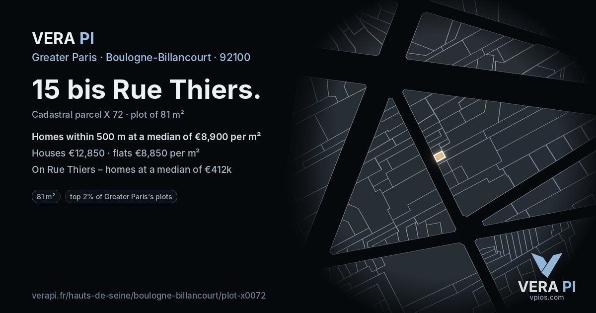 15 bis Rue Thiers, Boulogne-Billancourt at night – the plot lit, the parcels around coloured by the prices near them