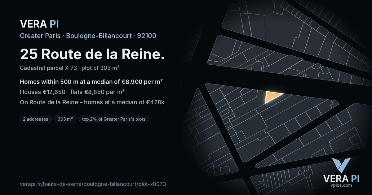 25 Route de la Reine, Boulogne-Billancourt at night – the plot lit, the parcels around coloured by the prices near them
