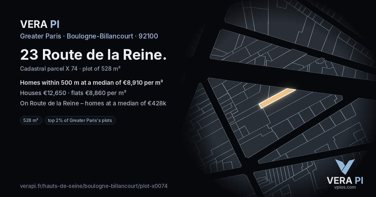 23 Route de la Reine, Boulogne-Billancourt at night – the plot lit, the parcels around coloured by the prices near them
