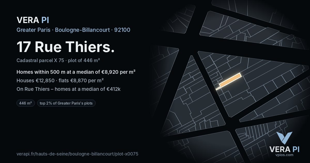 17 Rue Thiers, Boulogne-Billancourt at night – the plot lit, the parcels around coloured by the prices near them