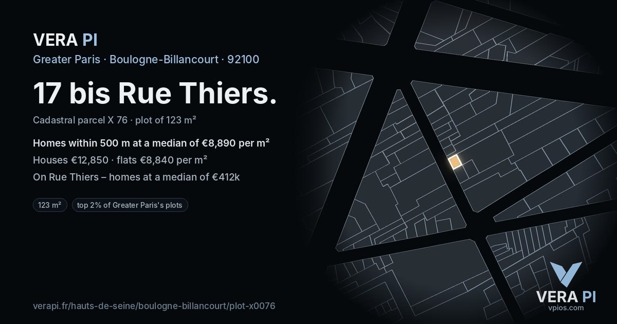 17 bis Rue Thiers, Boulogne-Billancourt at night – the plot lit, the parcels around coloured by the prices near them