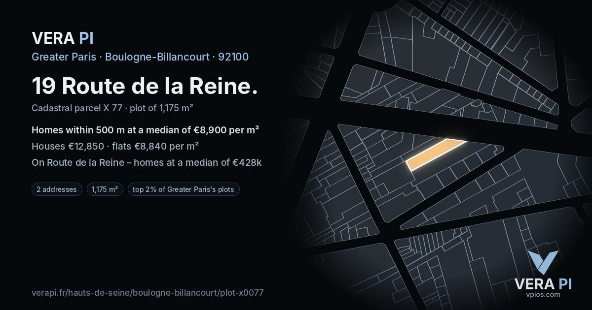 19 Route de la Reine, Boulogne-Billancourt at night – the plot lit, the parcels around coloured by the prices near them