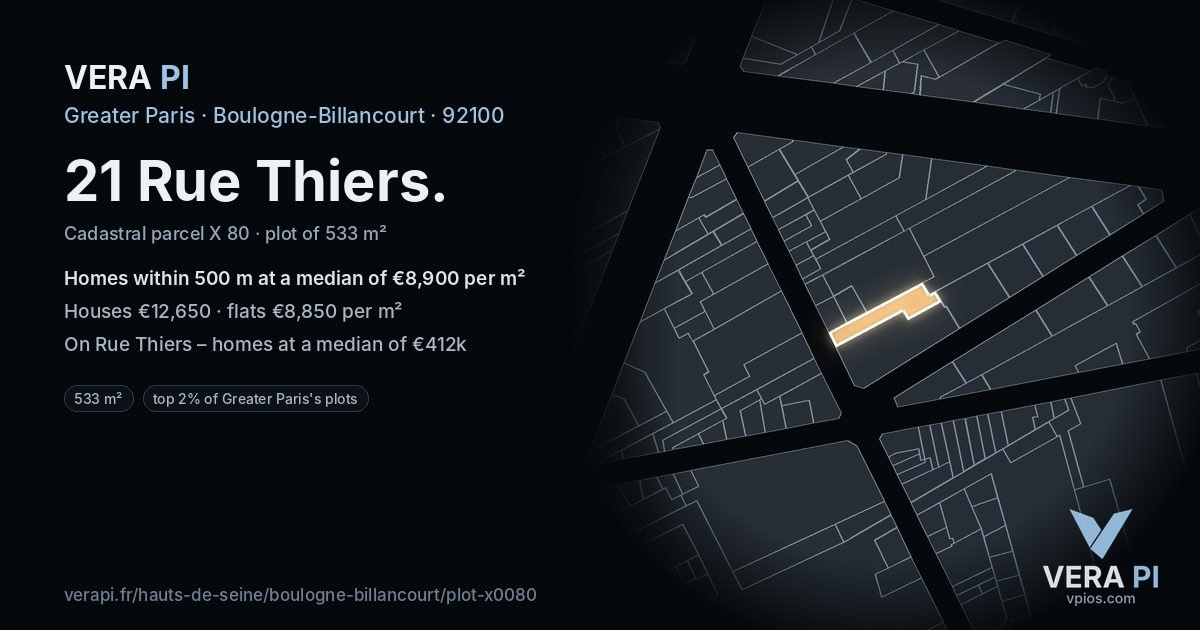 21 Rue Thiers, Boulogne-Billancourt at night – the plot lit, the parcels around coloured by the prices near them