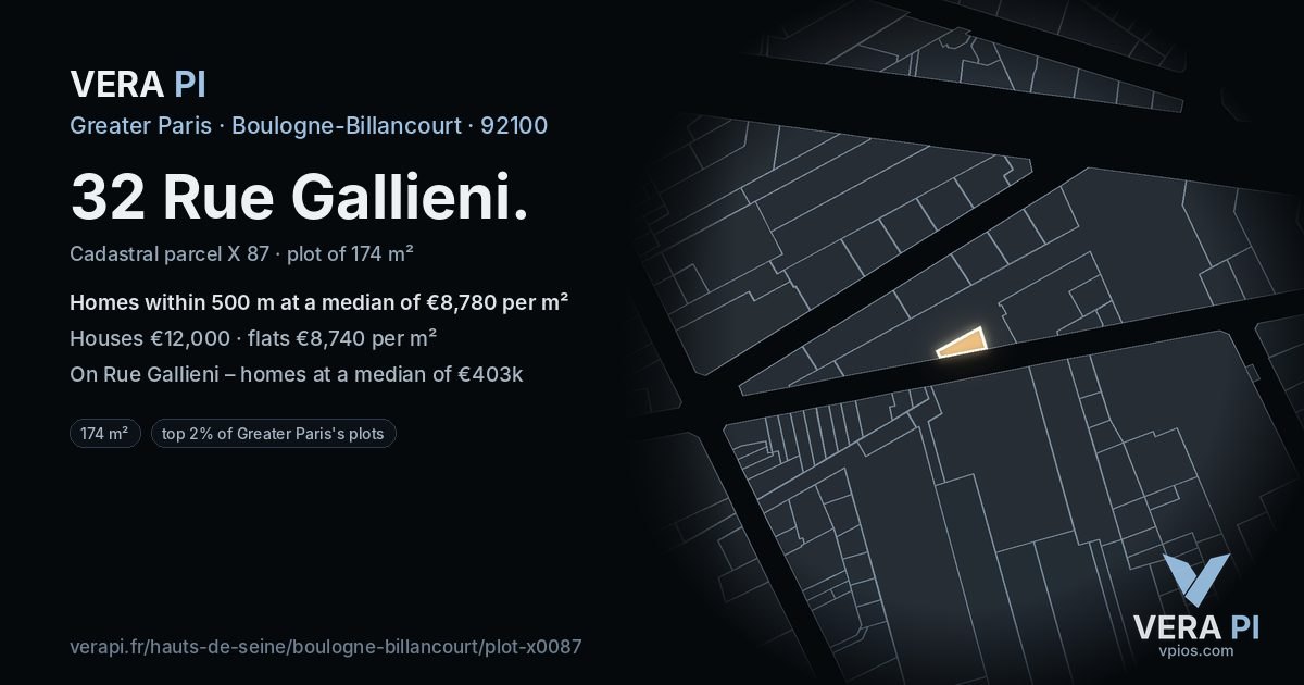 32 Rue Gallieni, Boulogne-Billancourt at night – the plot lit, the parcels around coloured by the prices near them