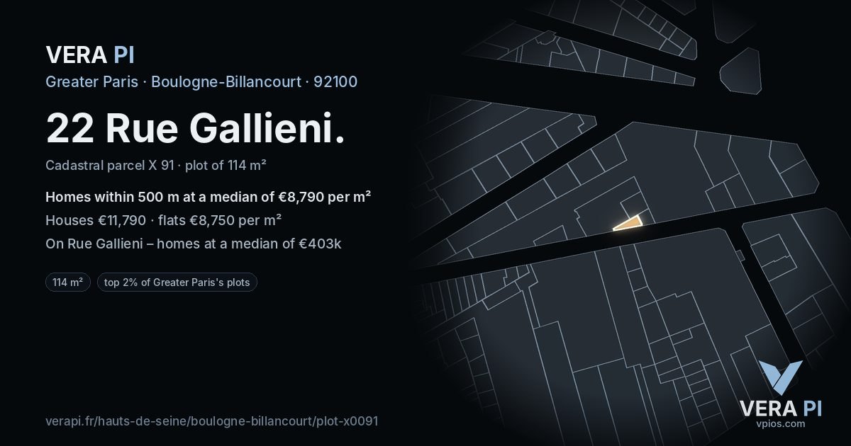22 Rue Gallieni, Boulogne-Billancourt at night – the plot lit, the parcels around coloured by the prices near them