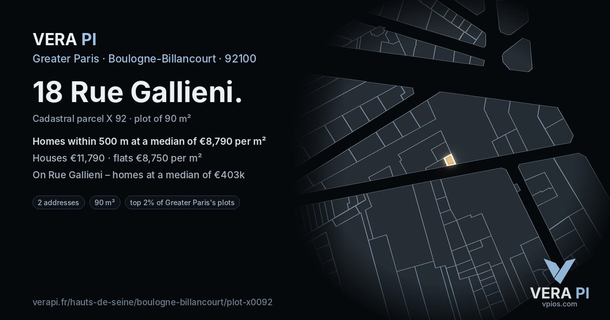 18 Rue Gallieni, Boulogne-Billancourt at night – the plot lit, the parcels around coloured by the prices near them