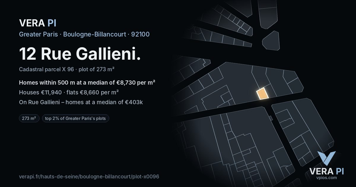 12 Rue Gallieni, Boulogne-Billancourt at night – the plot lit, the parcels around coloured by the prices near them