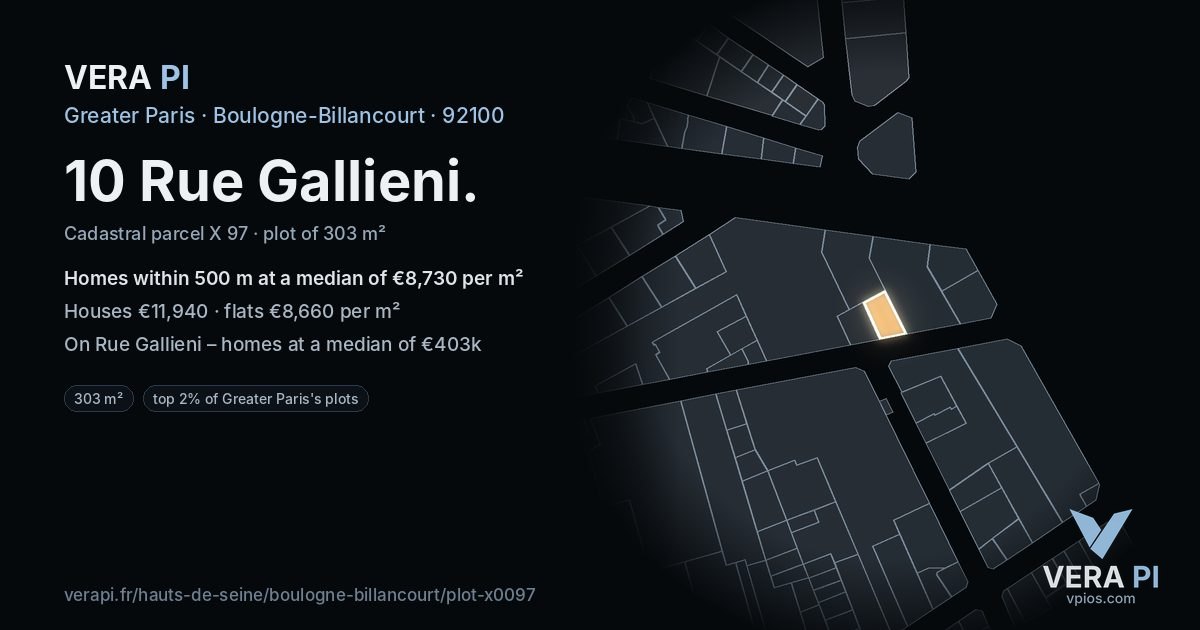 10 Rue Gallieni, Boulogne-Billancourt at night – the plot lit, the parcels around coloured by the prices near them