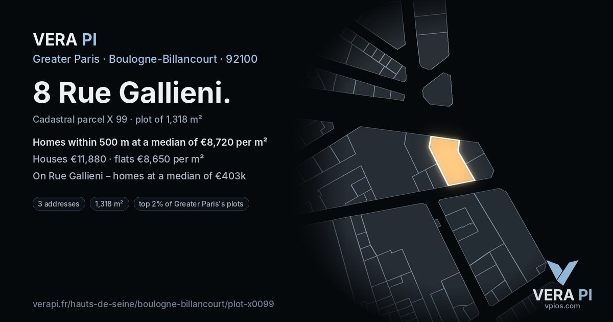 8 Rue Gallieni, Boulogne-Billancourt at night – the plot lit, the parcels around coloured by the prices near them