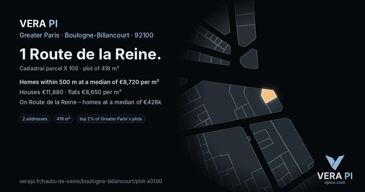 1 Route de la Reine, Boulogne-Billancourt at night – the plot lit, the parcels around coloured by the prices near them