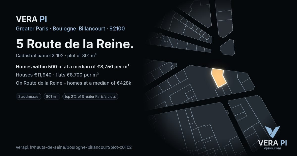 5 Route de la Reine, Boulogne-Billancourt at night – the plot lit, the parcels around coloured by the prices near them