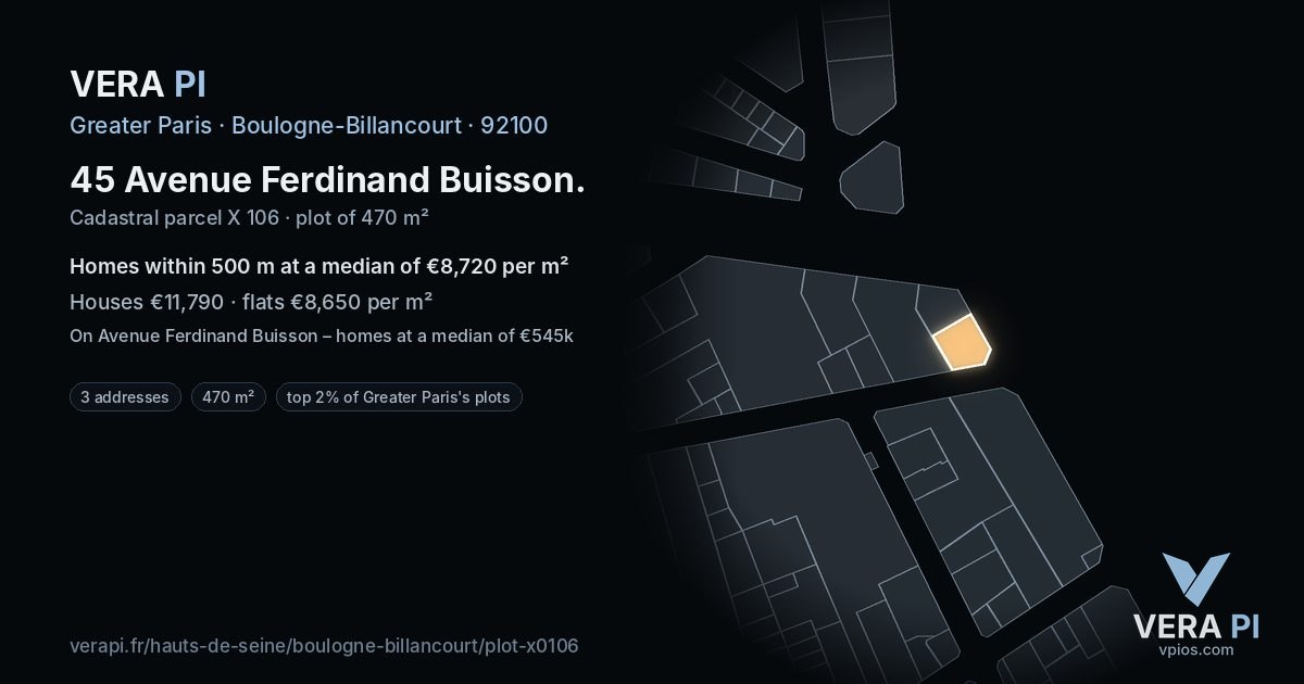 45 Avenue Ferdinand Buisson, Boulogne-Billancourt at night – the plot lit, the parcels around coloured by the prices near them