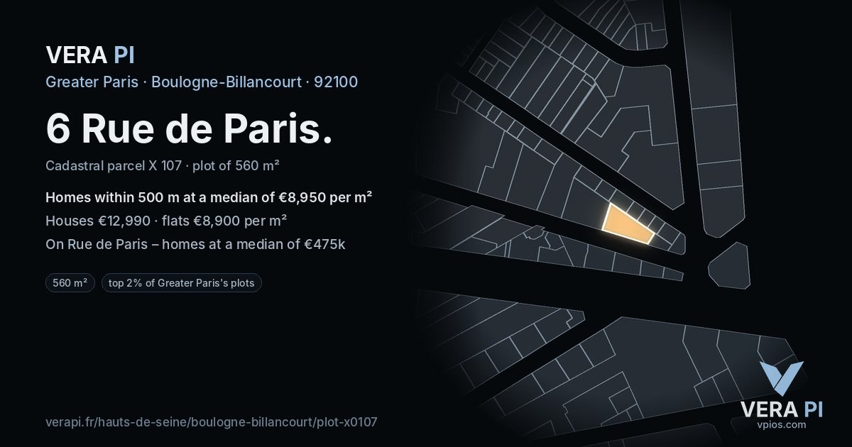6 Rue de Paris, Boulogne-Billancourt at night – the plot lit, the parcels around coloured by the prices near them