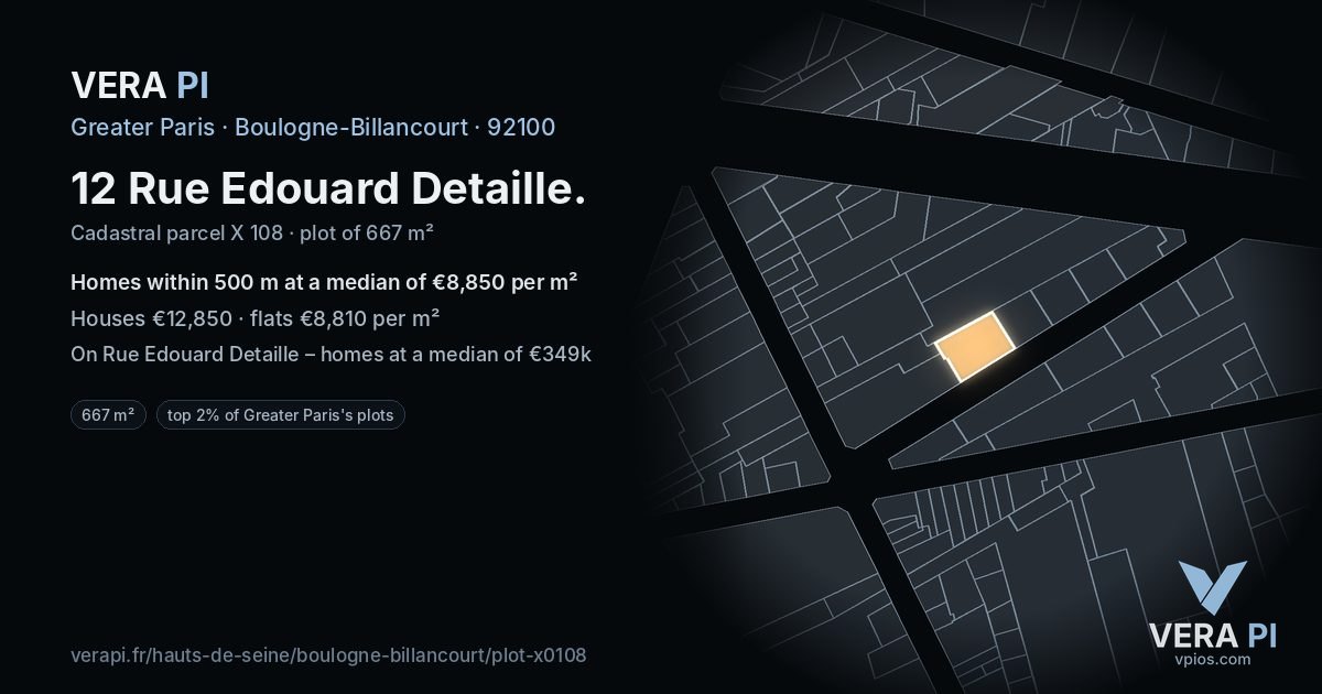 12 Rue Edouard Detaille, Boulogne-Billancourt at night – the plot lit, the parcels around coloured by the prices near them