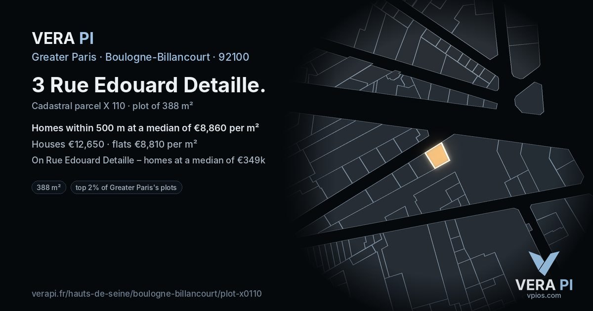 3 Rue Edouard Detaille, Boulogne-Billancourt at night – the plot lit, the parcels around coloured by the prices near them