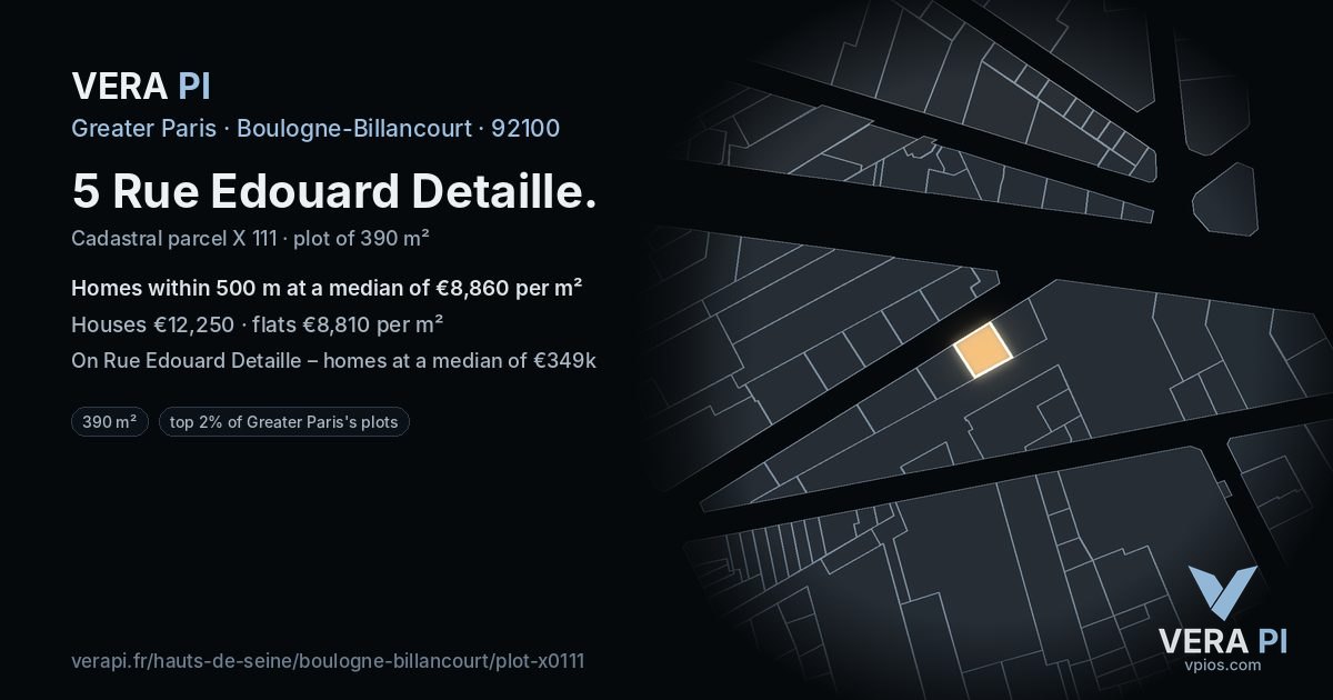 5 Rue Edouard Detaille, Boulogne-Billancourt at night – the plot lit, the parcels around coloured by the prices near them