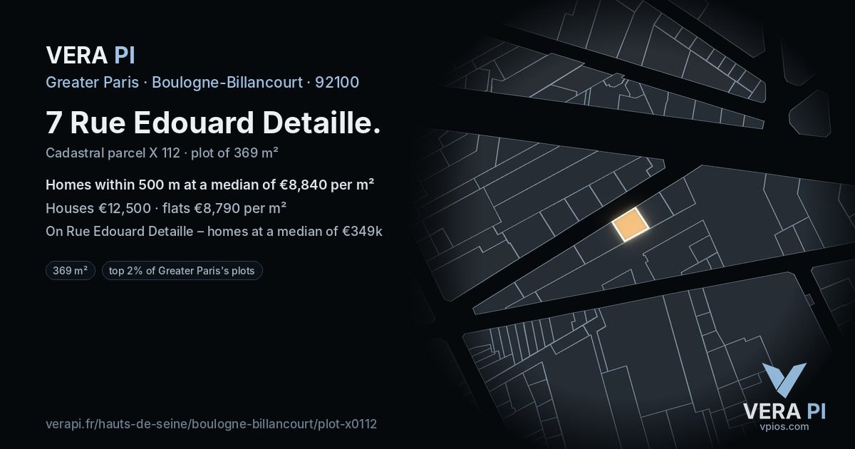 7 Rue Edouard Detaille, Boulogne-Billancourt at night – the plot lit, the parcels around coloured by the prices near them