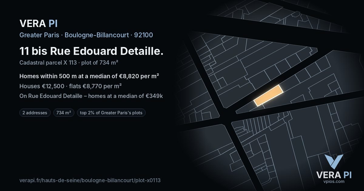 11 bis Rue Edouard Detaille, Boulogne-Billancourt at night – the plot lit, the parcels around coloured by the prices near them