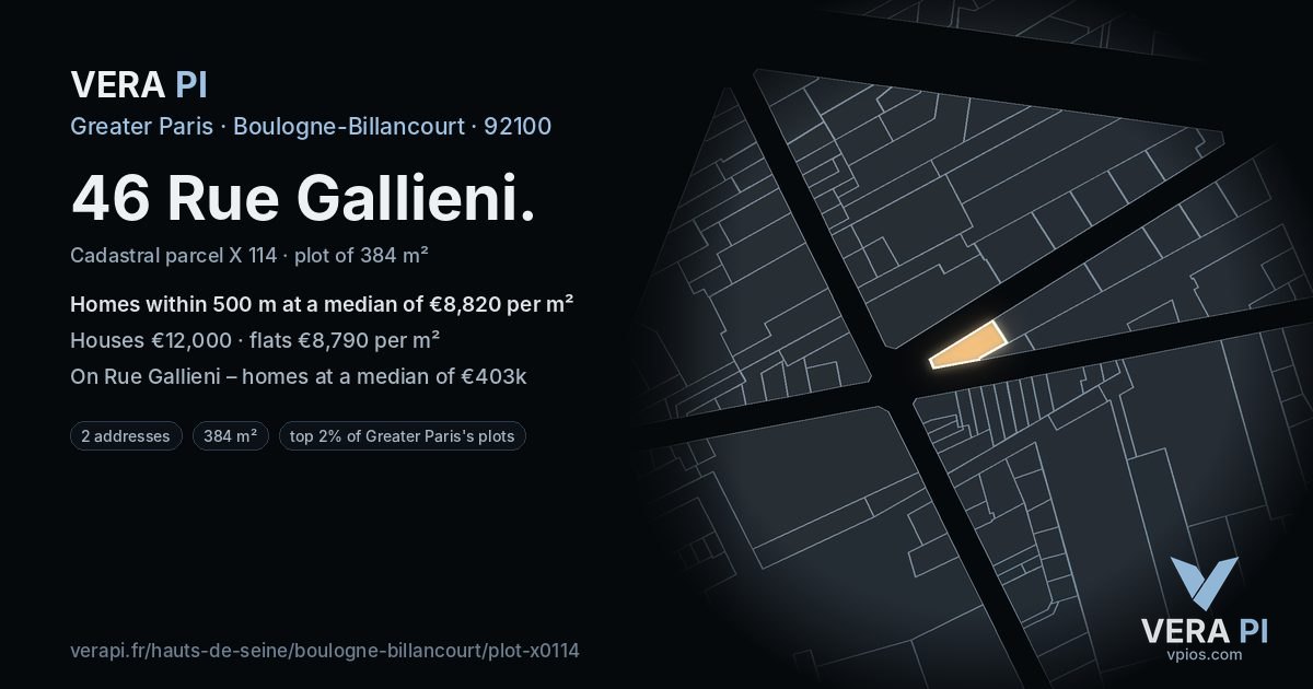 46 Rue Gallieni, Boulogne-Billancourt at night – the plot lit, the parcels around coloured by the prices near them