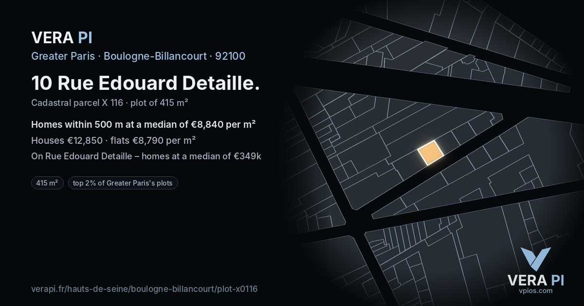 10 Rue Edouard Detaille, Boulogne-Billancourt at night – the plot lit, the parcels around coloured by the prices near them