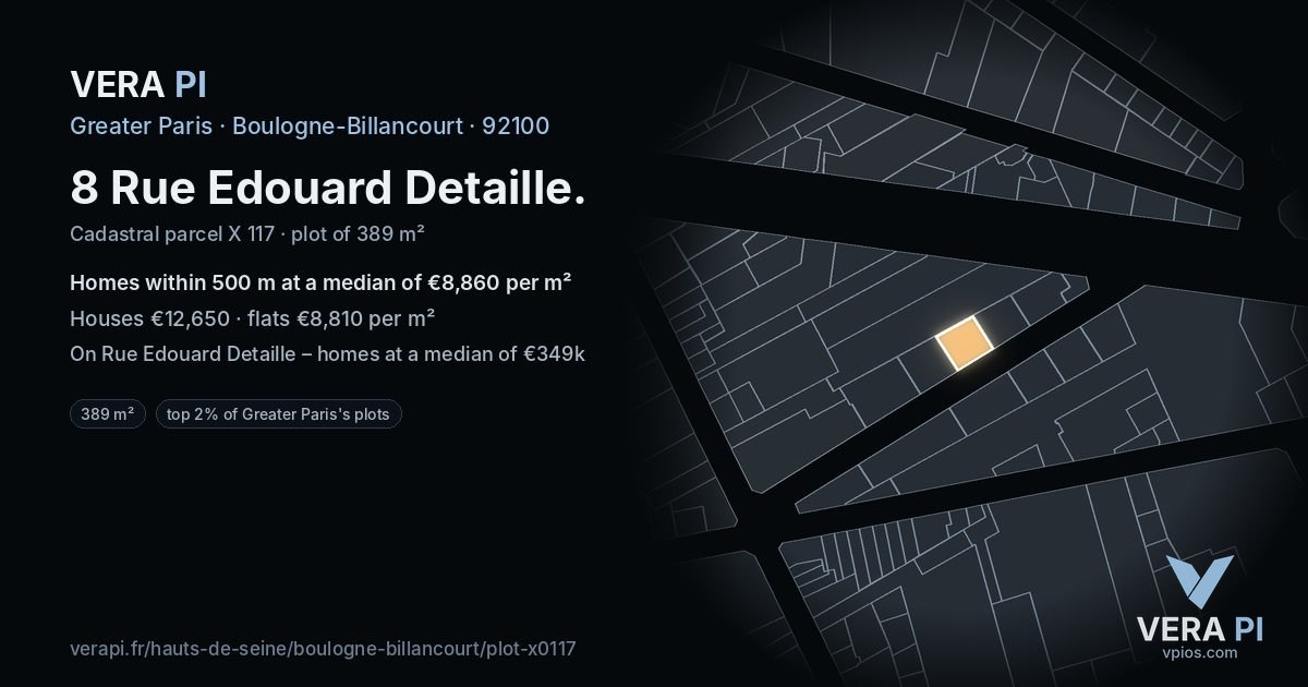 8 Rue Edouard Detaille, Boulogne-Billancourt at night – the plot lit, the parcels around coloured by the prices near them