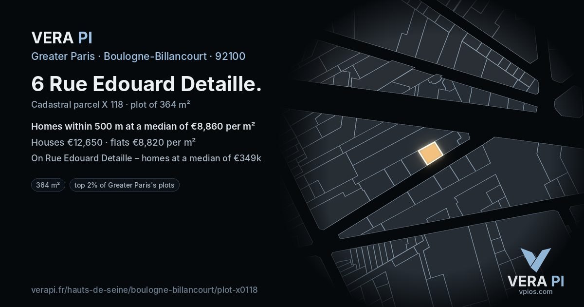 6 Rue Edouard Detaille, Boulogne-Billancourt at night – the plot lit, the parcels around coloured by the prices near them