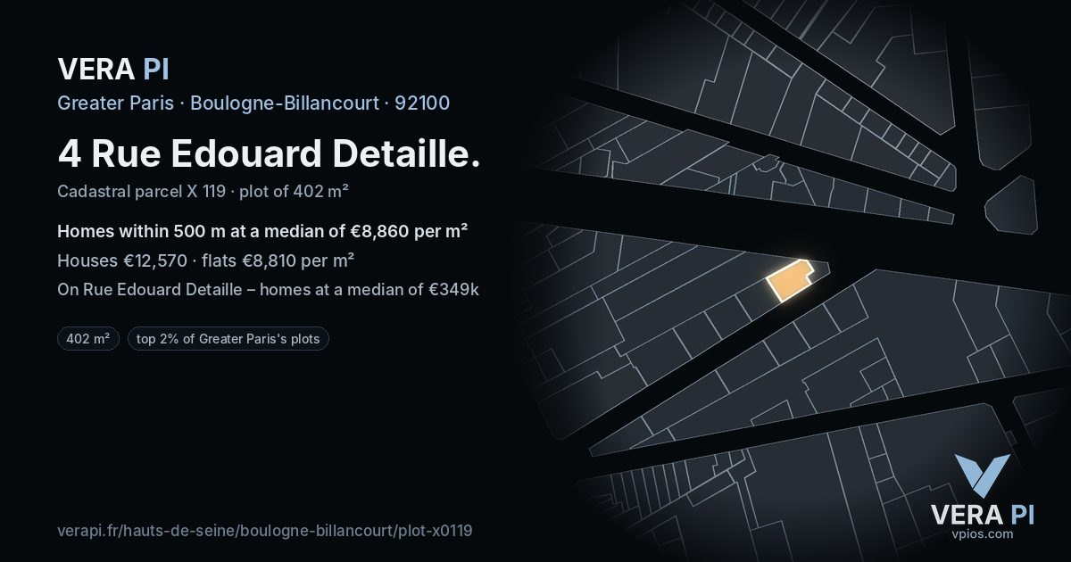4 Rue Edouard Detaille, Boulogne-Billancourt at night – the plot lit, the parcels around coloured by the prices near them