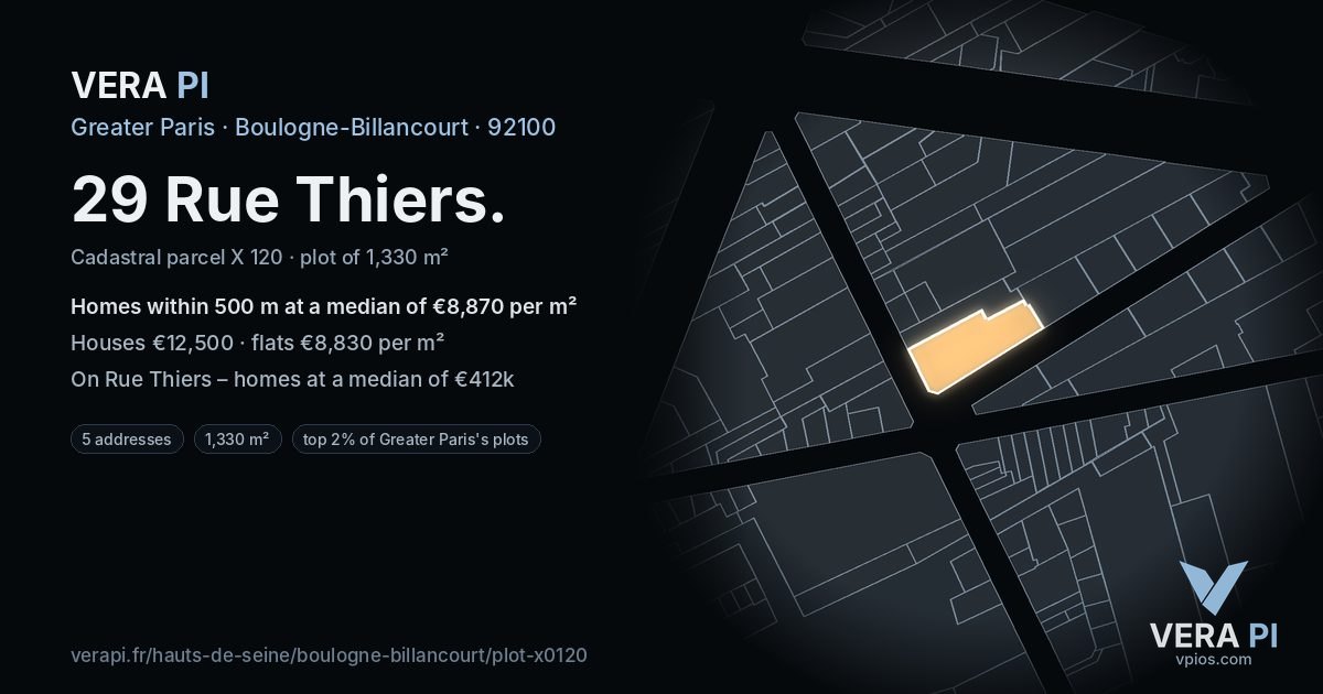 29 Rue Thiers, Boulogne-Billancourt at night – the plot lit, the parcels around coloured by the prices near them