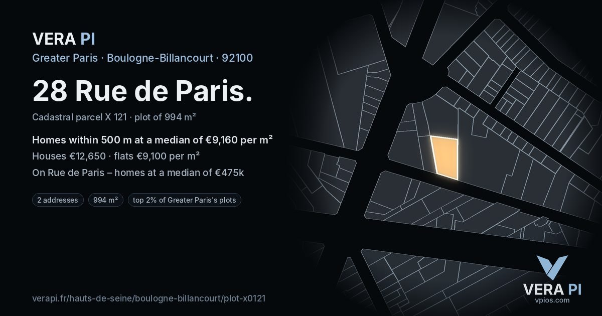 28 Rue de Paris, Boulogne-Billancourt at night – the plot lit, the parcels around coloured by the prices near them