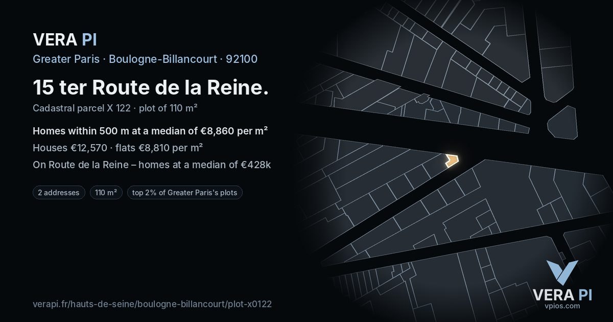 15 ter Route de la Reine, Boulogne-Billancourt at night – the plot lit, the parcels around coloured by the prices near them