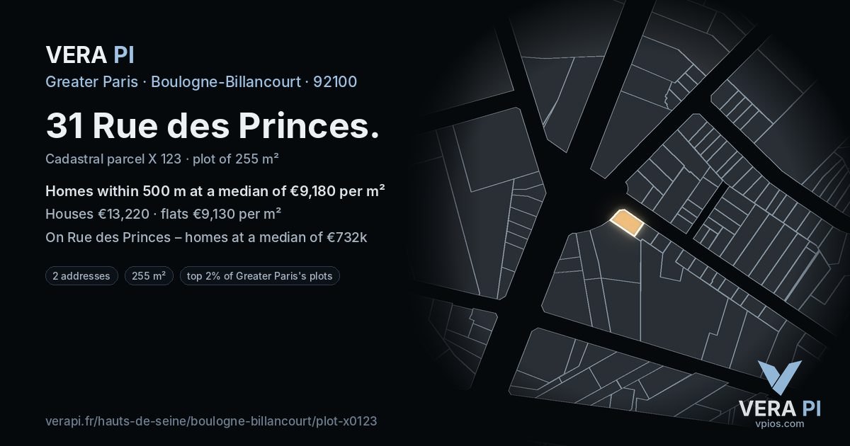 31 Rue des Princes, Boulogne-Billancourt at night – the plot lit, the parcels around coloured by the prices near them