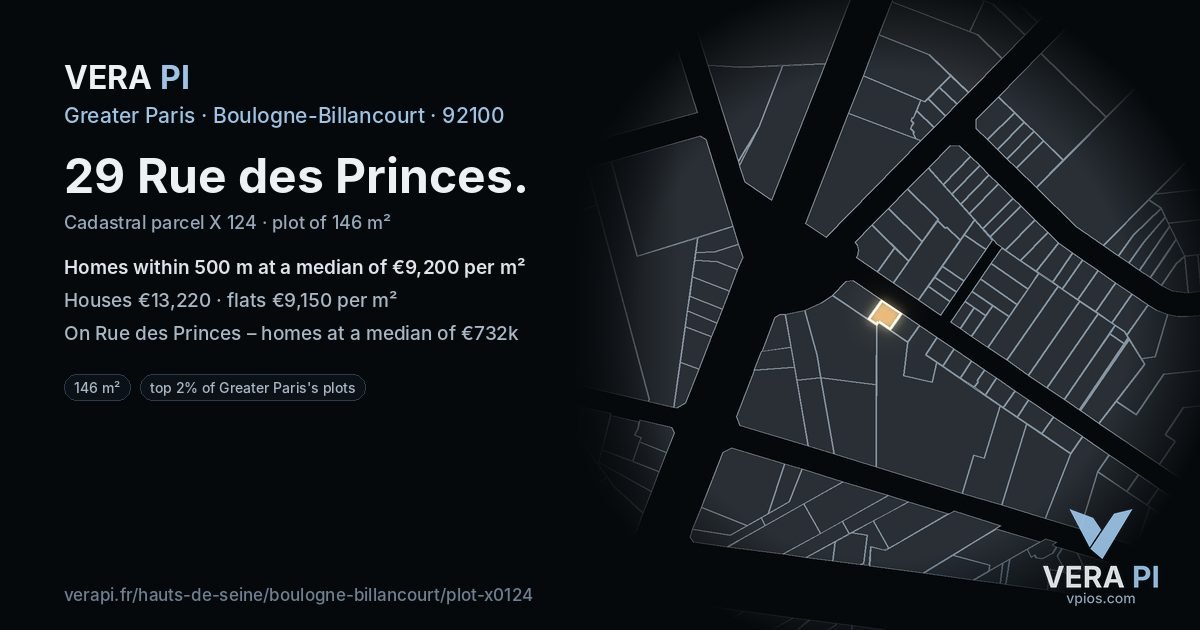 29 Rue des Princes, Boulogne-Billancourt at night – the plot lit, the parcels around coloured by the prices near them